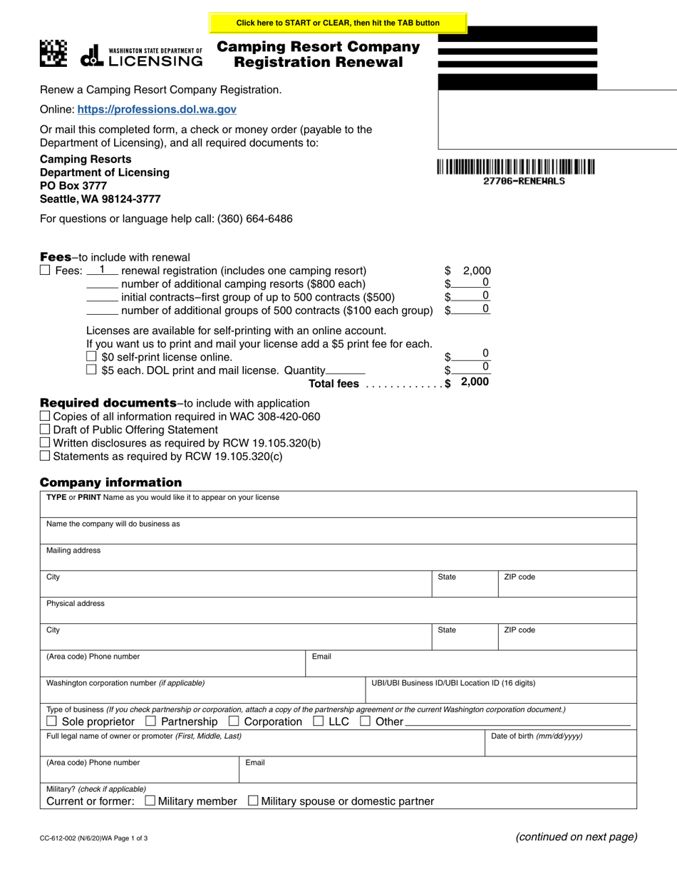 Form CC-612-002 Camping Resort Company Registration Renewal - Washington, Page 1