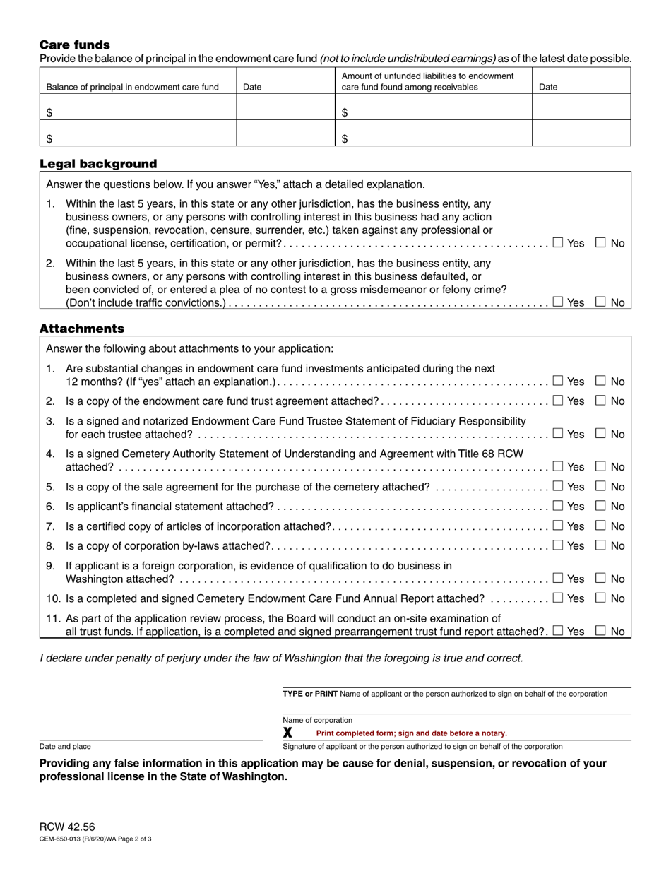 Form CEM-650-013 Cemetery Certificate of Authority Application - Washington, Page 2