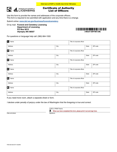Form FDE-653-026  Printable Pdf