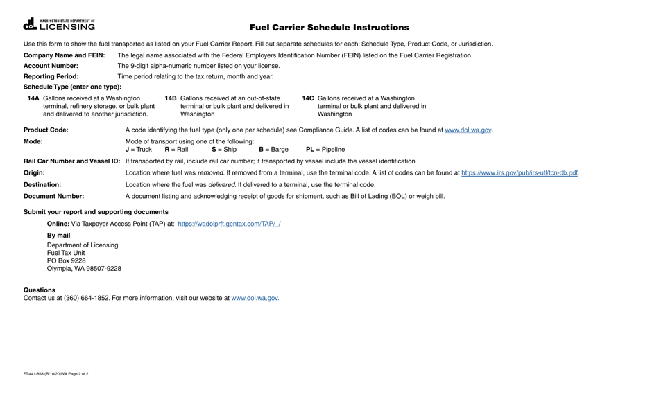 Form FT-441-858 Fuel Carrier Schedule - Washington, Page 2