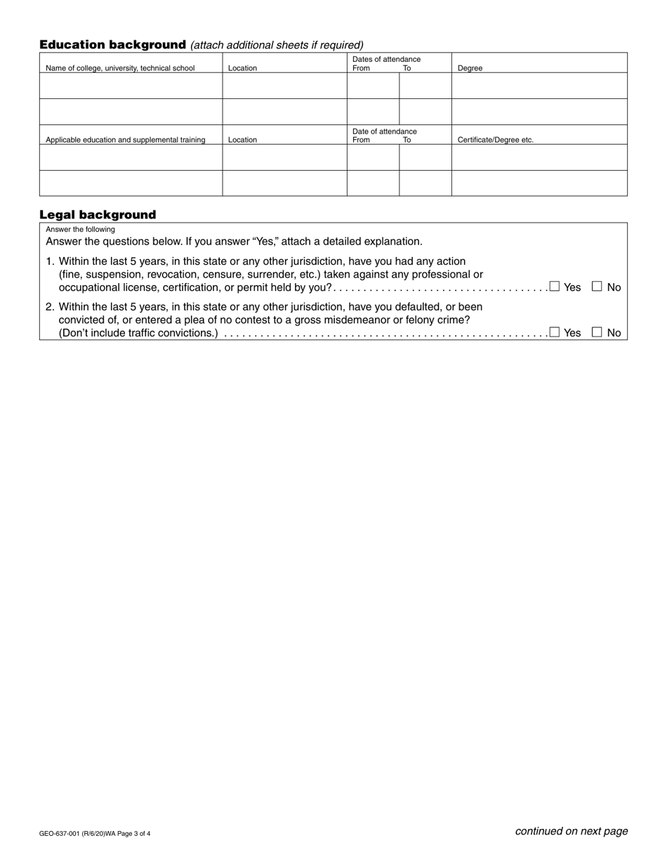 Form GEO-637-001 Geologist License Application - Washington, Page 3