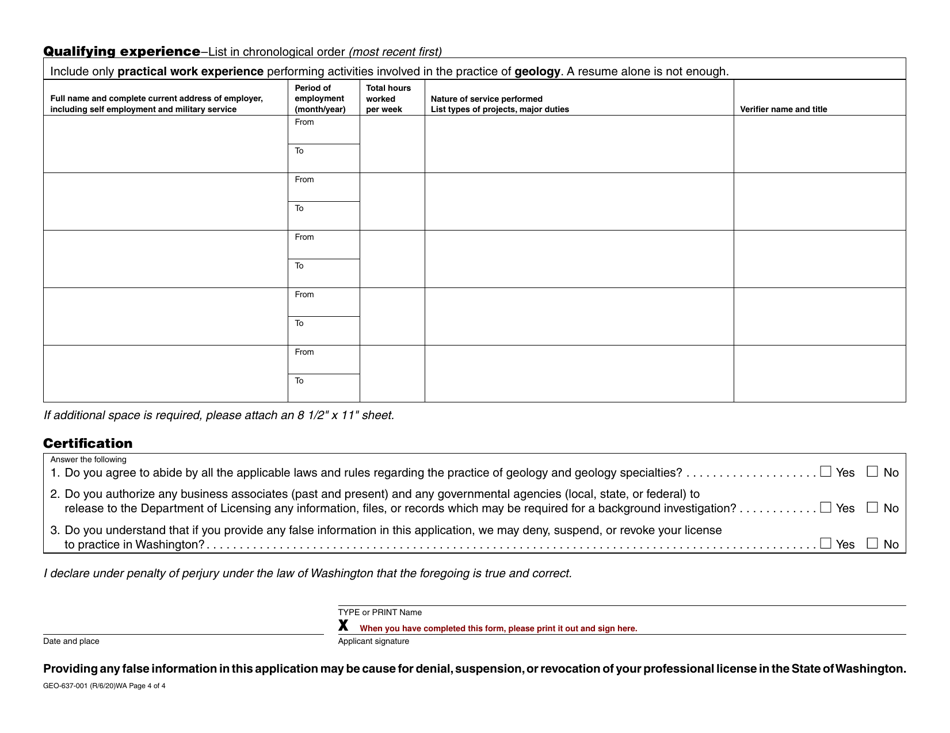 Form GEO-637-001 Geologist License Application - Washington, Page 4