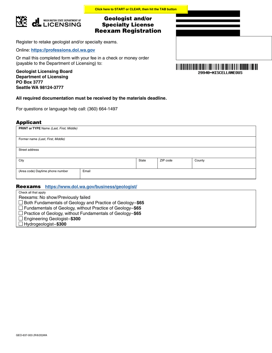 Form GEO-637-003 Geologist and / or Specialty License Reexam Registration - Washington, Page 1