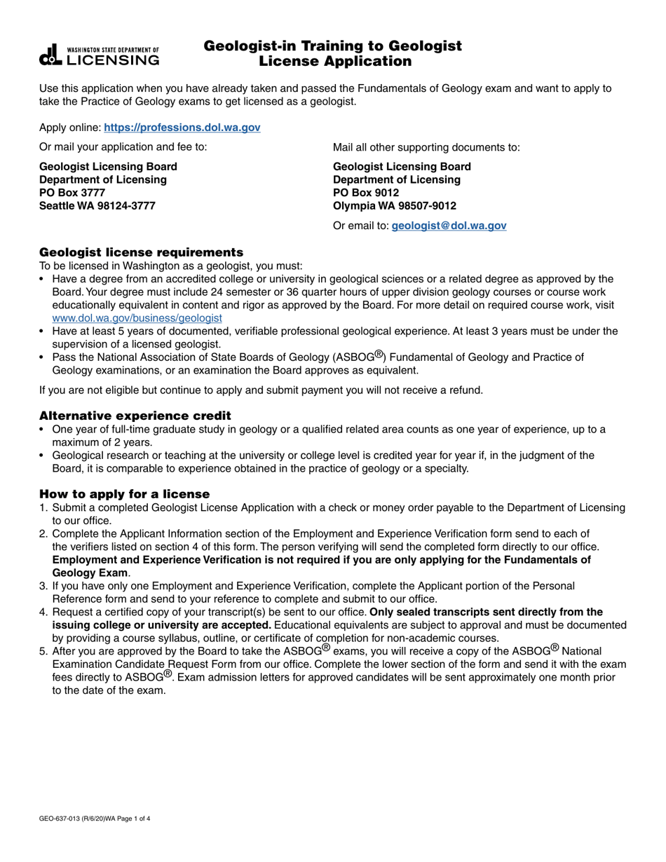 Form GEO-637-013 Geologist-In Training to Geologist License Application - Washington, Page 1