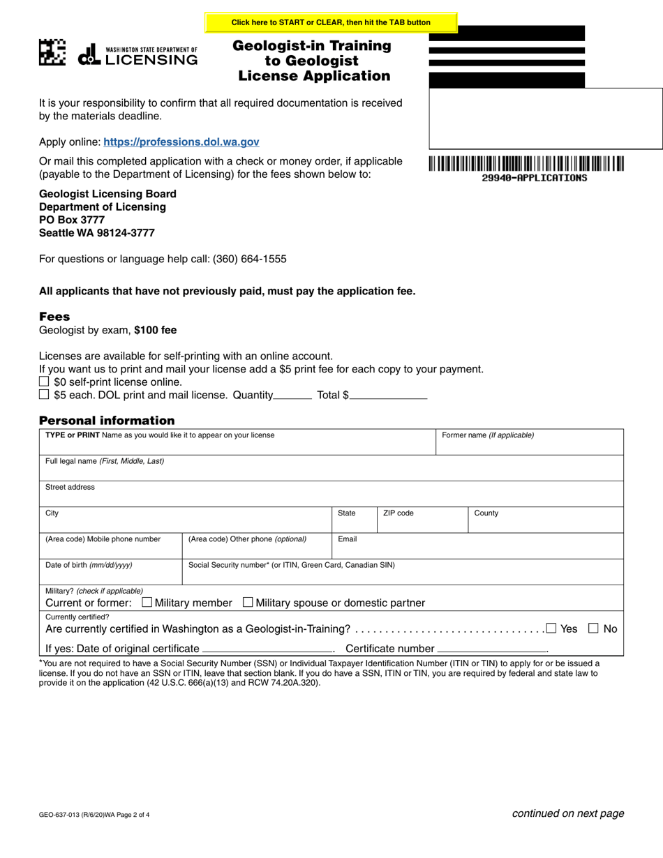 Form GEO-637-013 Geologist-In Training to Geologist License Application - Washington, Page 2