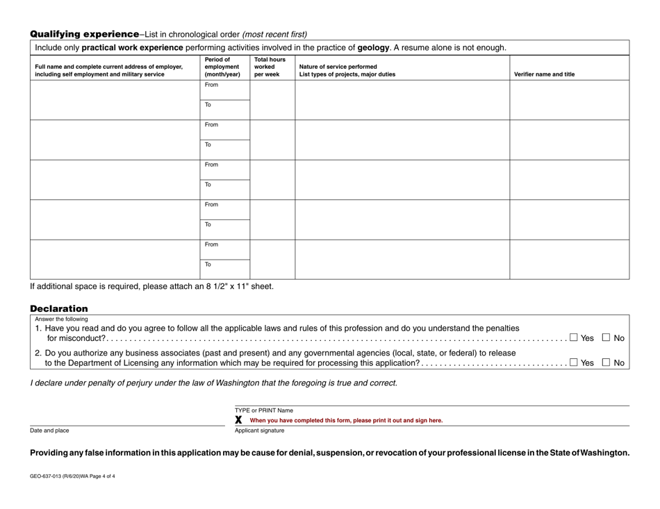 Form GEO-637-013 Geologist-In Training to Geologist License Application - Washington, Page 4