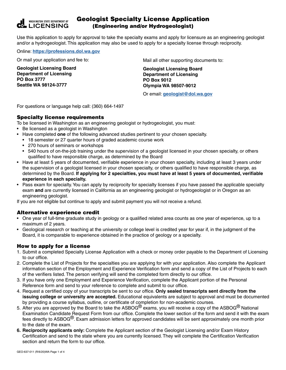 Form GEO-637-011 Geologist Specialty License Application (Engineering and / or Hydrogeologist) - Washington, Page 1
