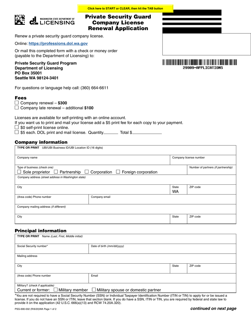 Form PSG690002 Download Fillable PDF or Fill Online Private Security Guard Company License