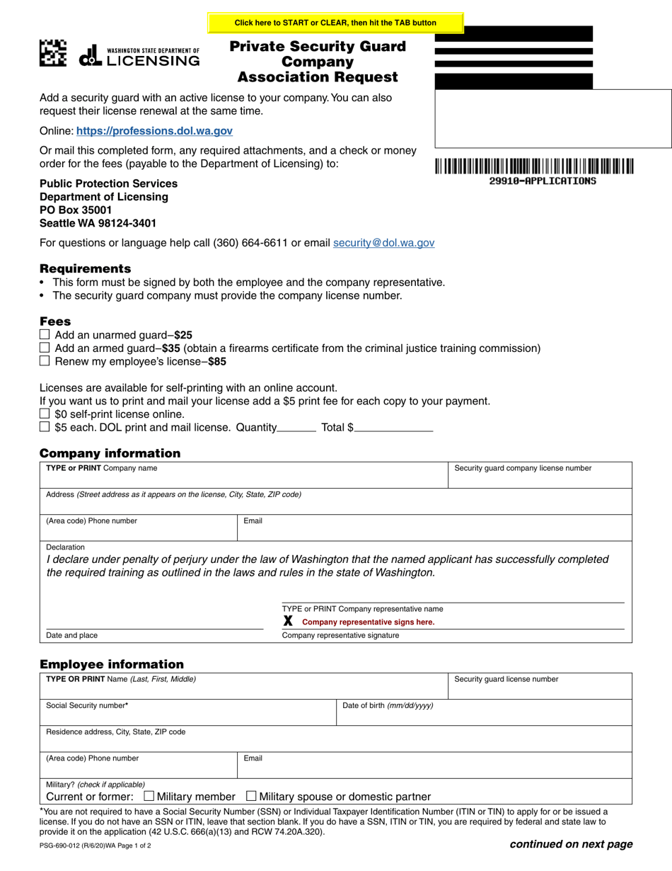 Form PSG-690-012 Private Security Guard Company Association Request - Washington, Page 1