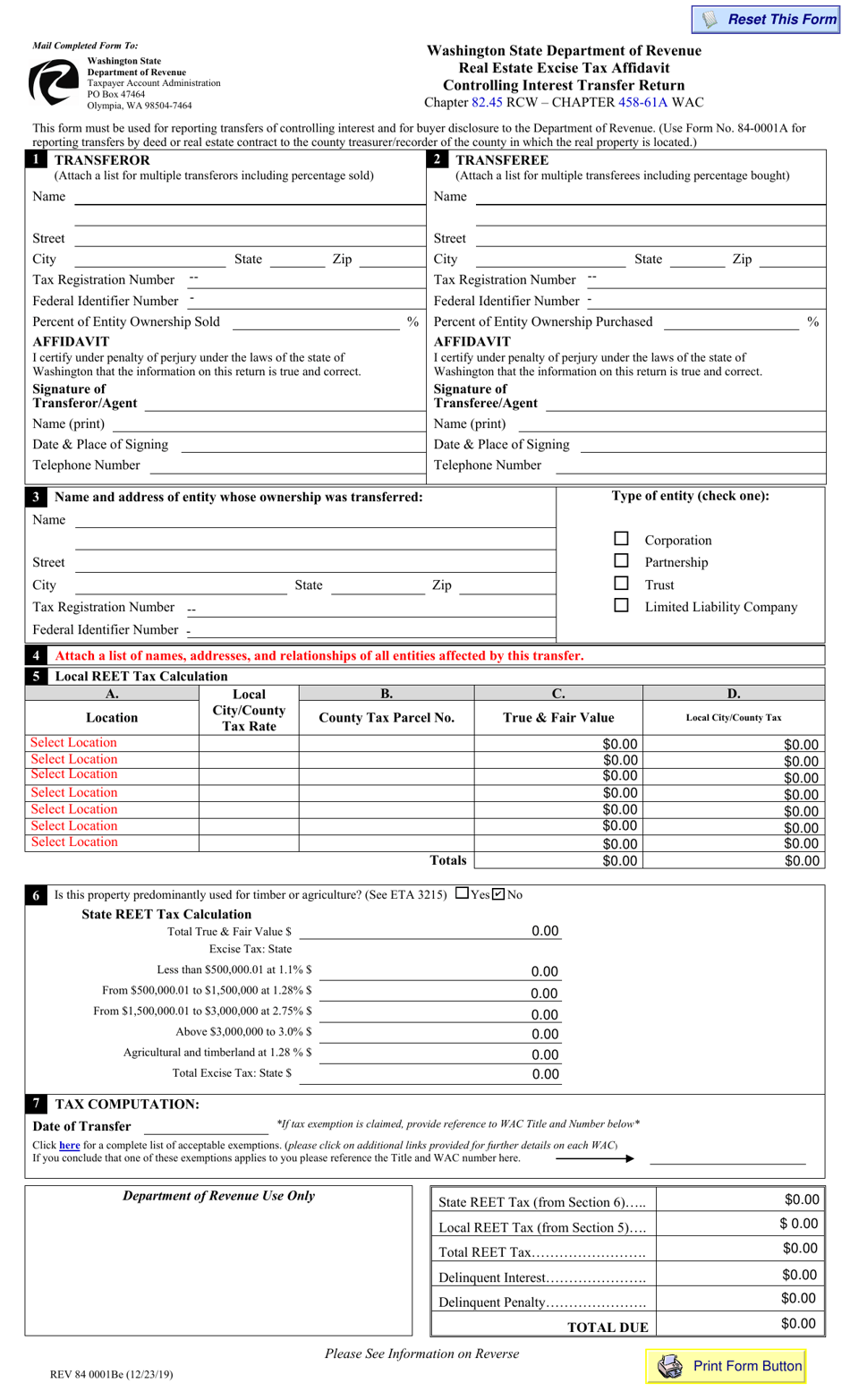 Form REV84 0001B Real Estate Excise Tax Affidavit - Controlling Interest Transfer Return - Washington, Page 1