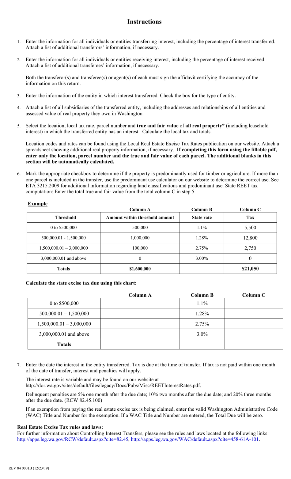 Form REV84 0001B Real Estate Excise Tax Affidavit - Controlling Interest Transfer Return - Washington, Page 2