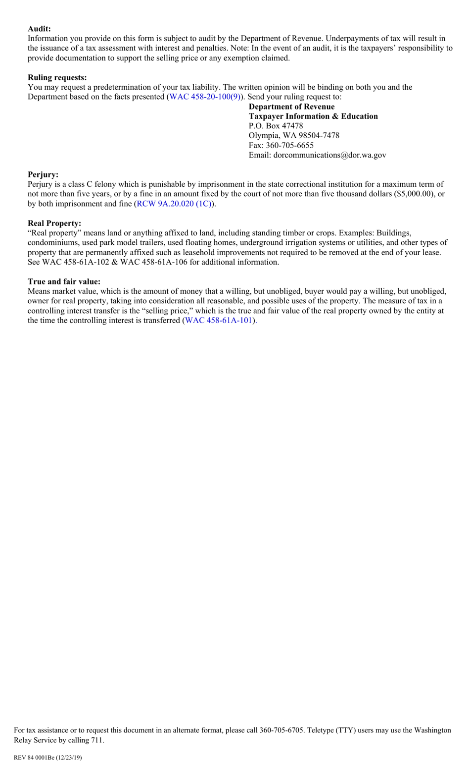 Form REV84 0001B Real Estate Excise Tax Affidavit - Controlling Interest Transfer Return - Washington, Page 3