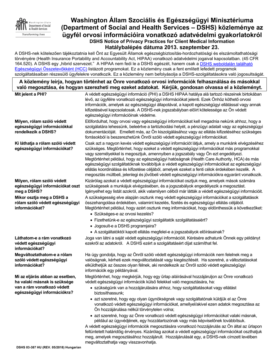 DSHS Form 03-387 Dshs Notice of Privacy Practices for Client Medical Information - Washington (Hungarian), Page 1