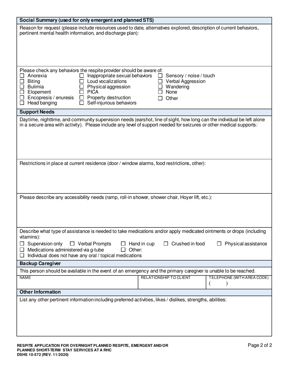 DSHS Form 10-572 Respite Application for Overnight Planned Respite (Oprs), Emergent and / or Planned Short-Term Stay Services at an Rhc - Washington, Page 2