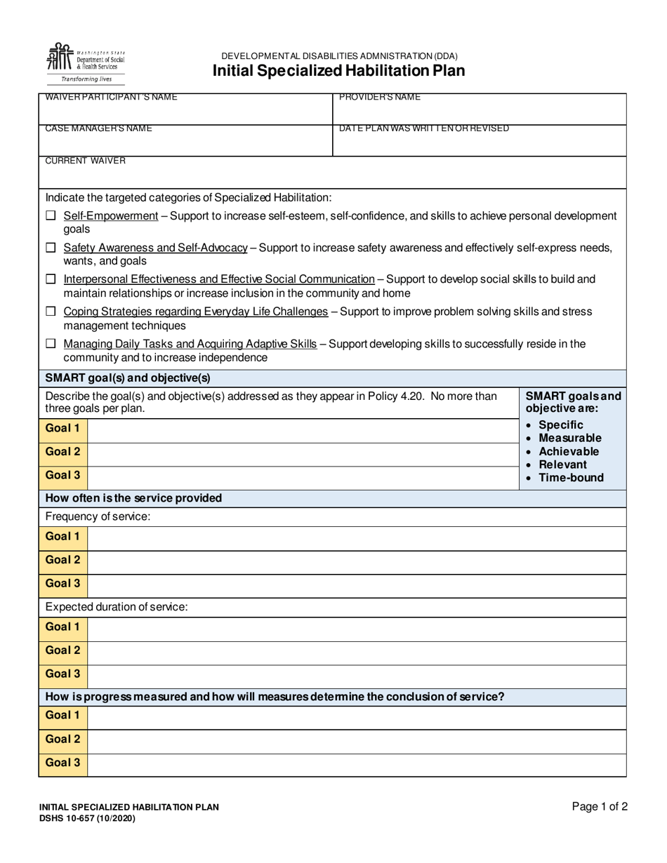 DSHS Form 10-657 Initial Specialized Habilitation Plan - Washington, Page 1