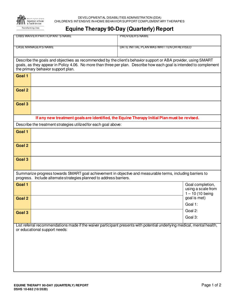 DSHS Form 10-662 Equine Therapy 90-day (Quarterly) Report - Washington, Page 1