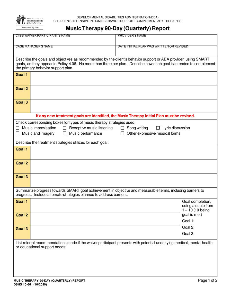 DSHS Form 10-661 Music Therapy 90-day (Quarterly) Report - Washington, Page 1