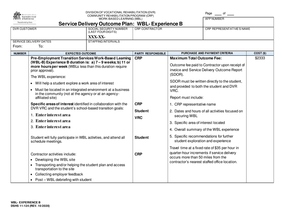 DSHS Form 11-124 Service Delivery Outcome Plan: Wbl - Experience B - Washington, Page 1