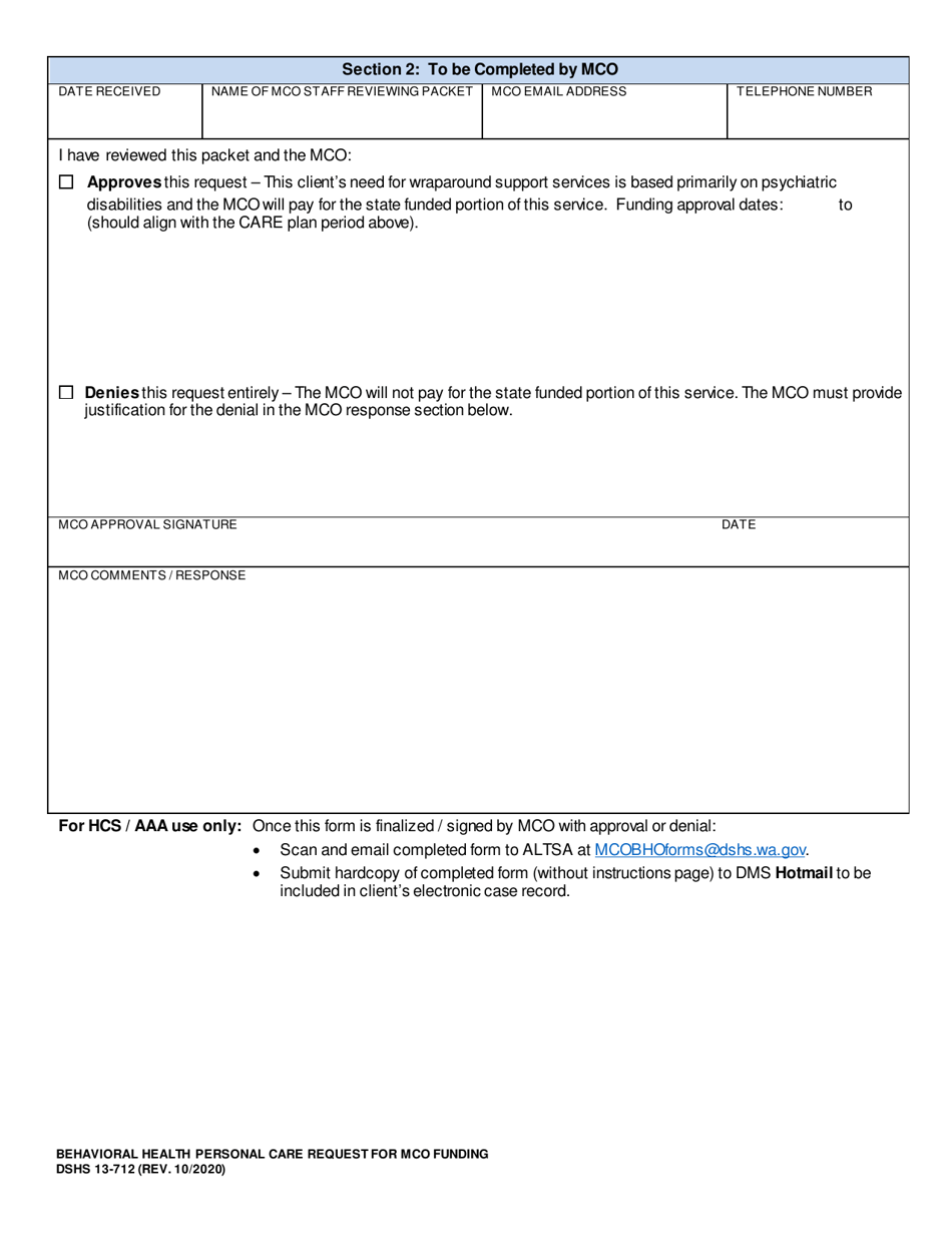 DSHS Form 13-712 Behavioral Health Personal Care (Bhpc) Request for Mco Funding - Washington, Page 2
