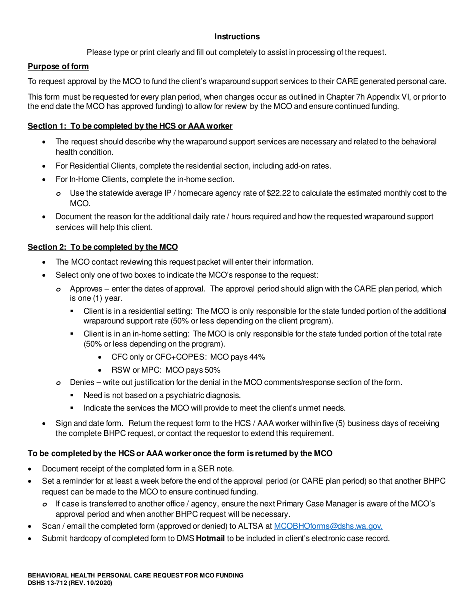 DSHS Form 13-712 Behavioral Health Personal Care (Bhpc) Request for Mco Funding - Washington, Page 3