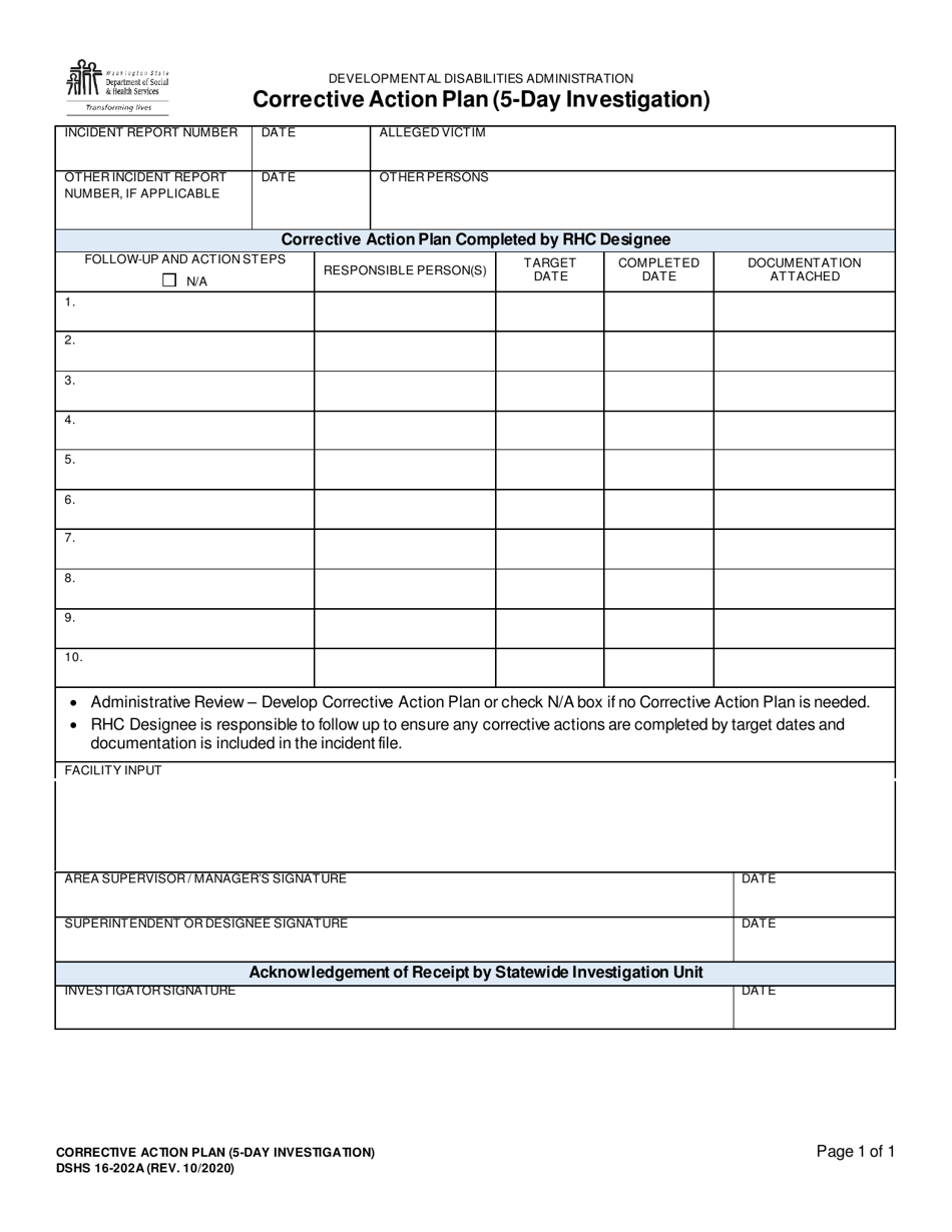 DSHS Form 16-202A Corrective Action Plan (5-day Investigation) - Washington, Page 1