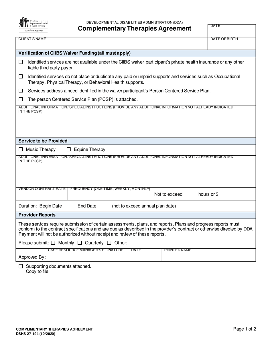 DSHS Form 27-194 Complementary Therapies Agreement - Washington, Page 1