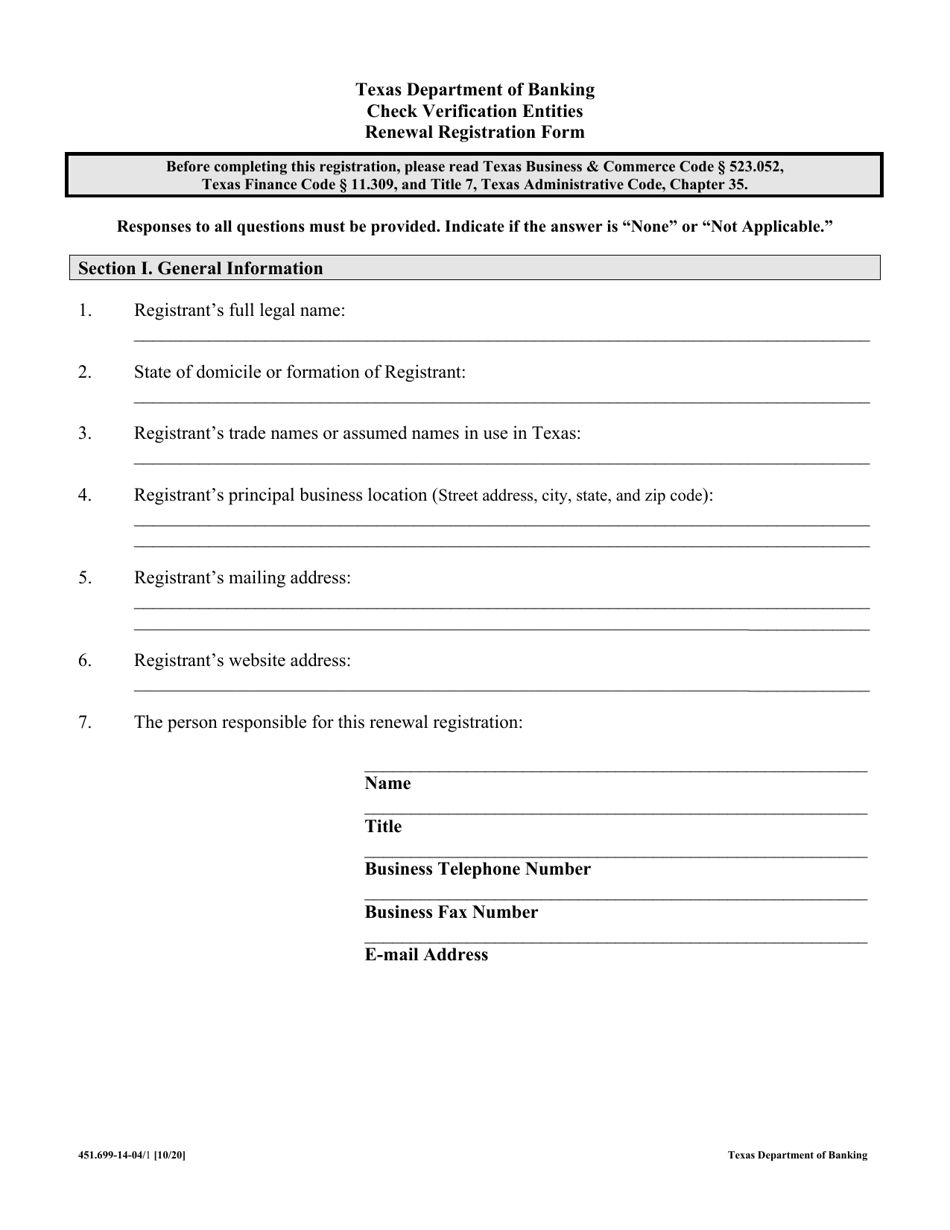 Form 451.699-14-04 Renewal Registration Form - Texas, Page 1