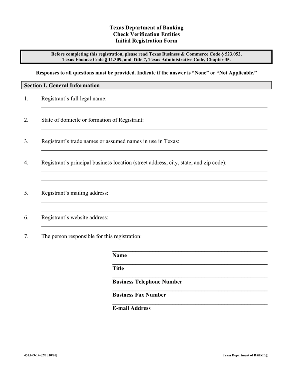 Form 451.699-14-02 Check Verification Entities Initial Registration Form - Texas, Page 1