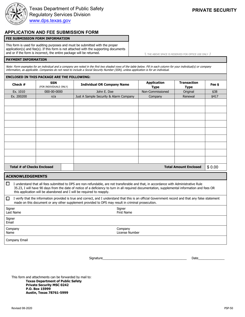 Form PSP-50 Application and Fee Submission Form - Texas, Page 1