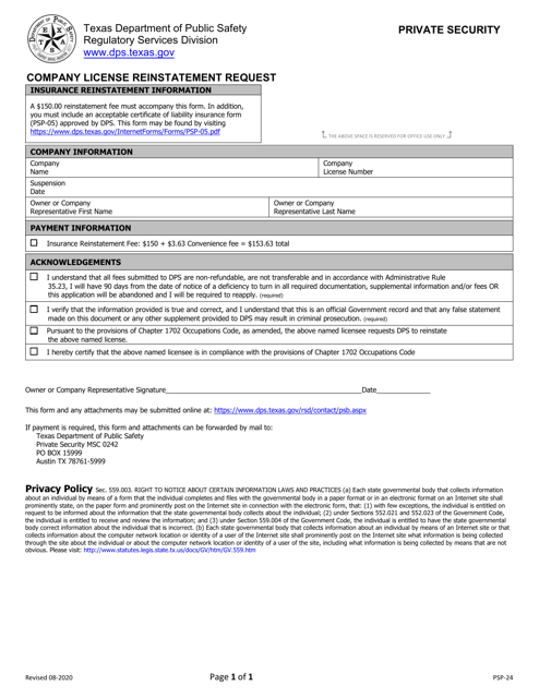 Form PSP-24 Company License Reinstatement Request - Texas