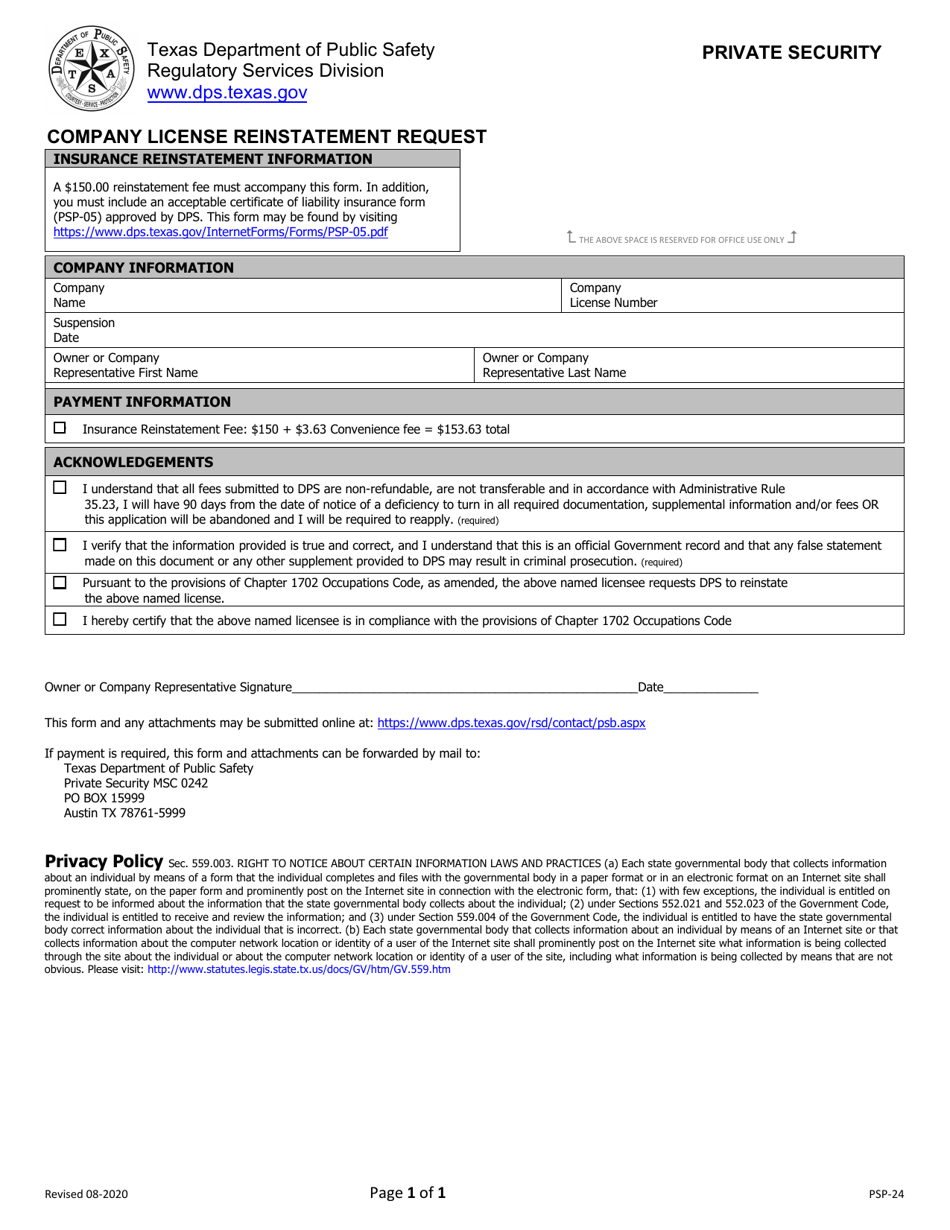 Form PSP-24 Company License Reinstatement Request - Texas, Page 1