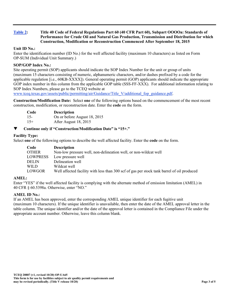 Form OP-UA65 (TCEQ-20887) Gas Well Affected Facilities - Texas, Page 3