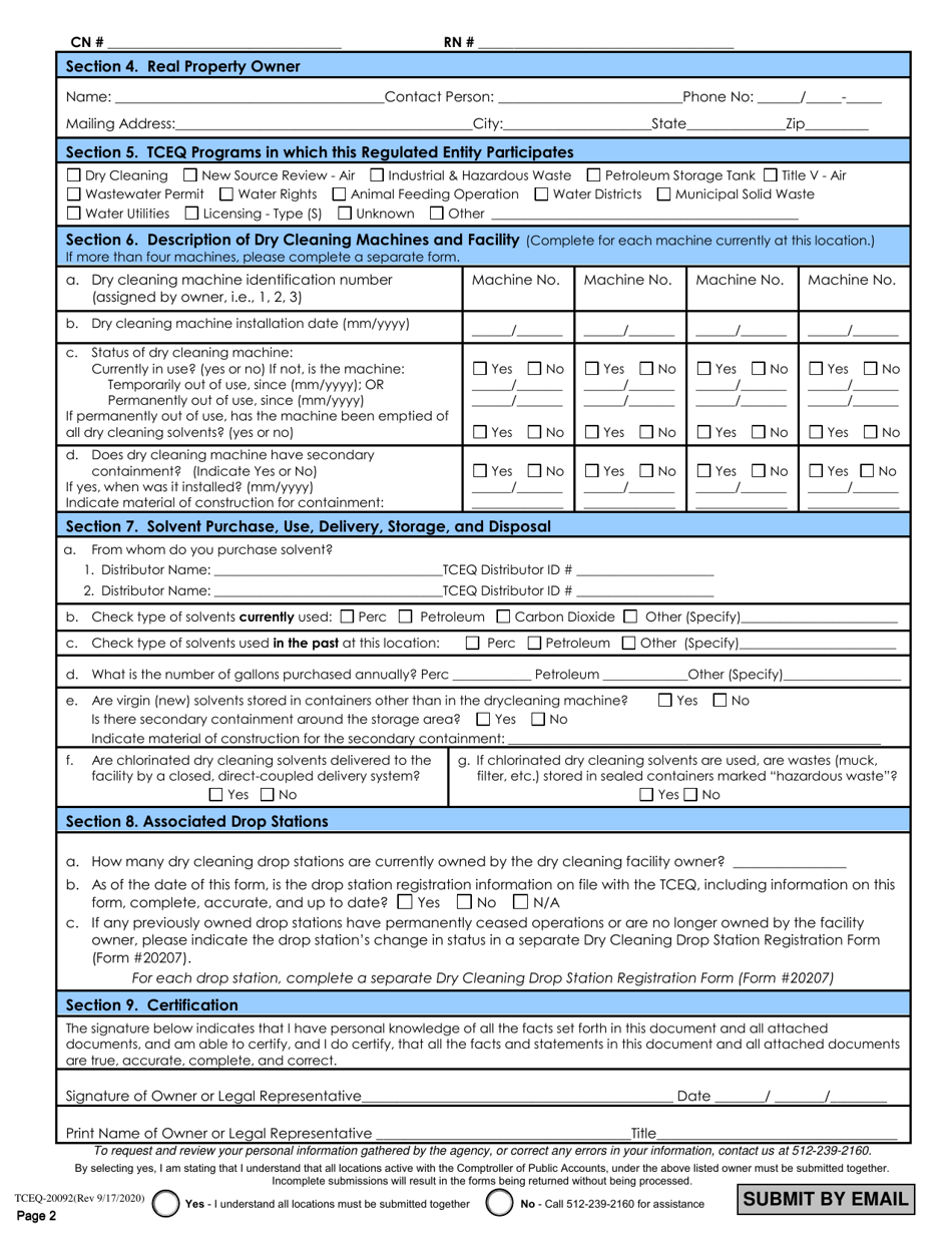 Form TCEQ-20092 Dry Cleaning Facility Registration Form - Texas, Page 2