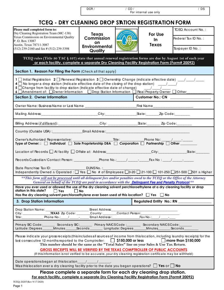 Form TCEQ-20207 Dry Cleaning Drop Station Registration Form - Texas, Page 1