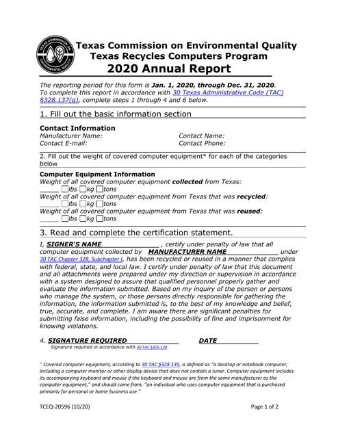 Form TCEQ-20596 Texas Recycles Computers Program Annual Report - Texas, 2020