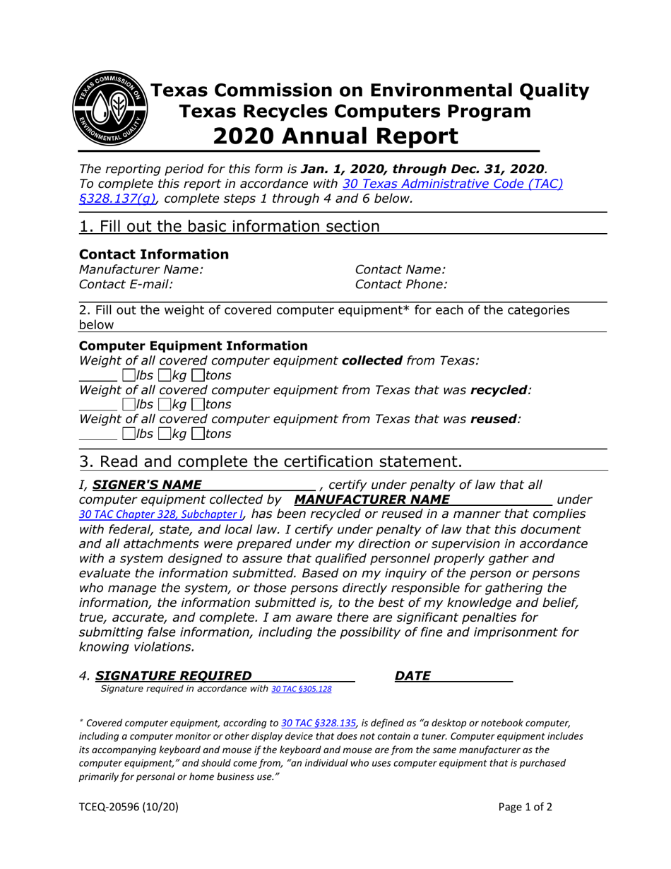 Form TCEQ-20596 Texas Recycles Computers Program Annual Report - Texas, Page 1