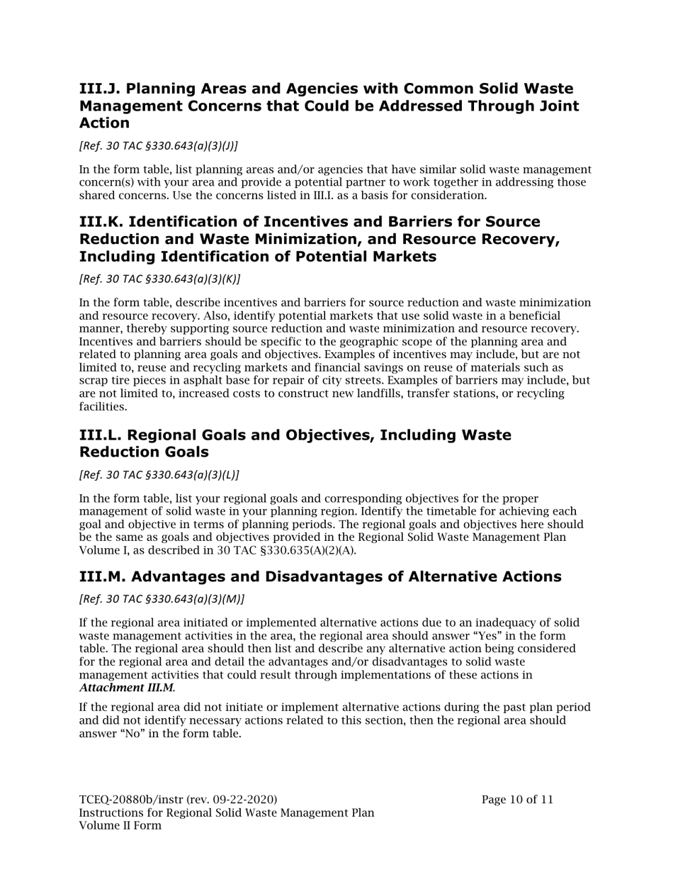 Instructions for Form TCEQ-20880B Regional Solid Waste Management Plan (Volume II) - Texas, Page 10