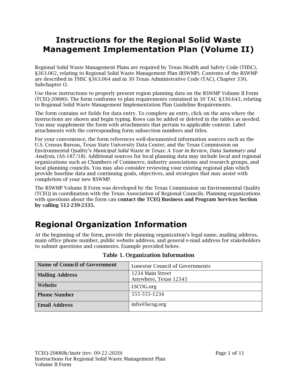 Instructions for Form TCEQ-20880B Regional Solid Waste Management Plan (Volume II) - Texas, Page 1