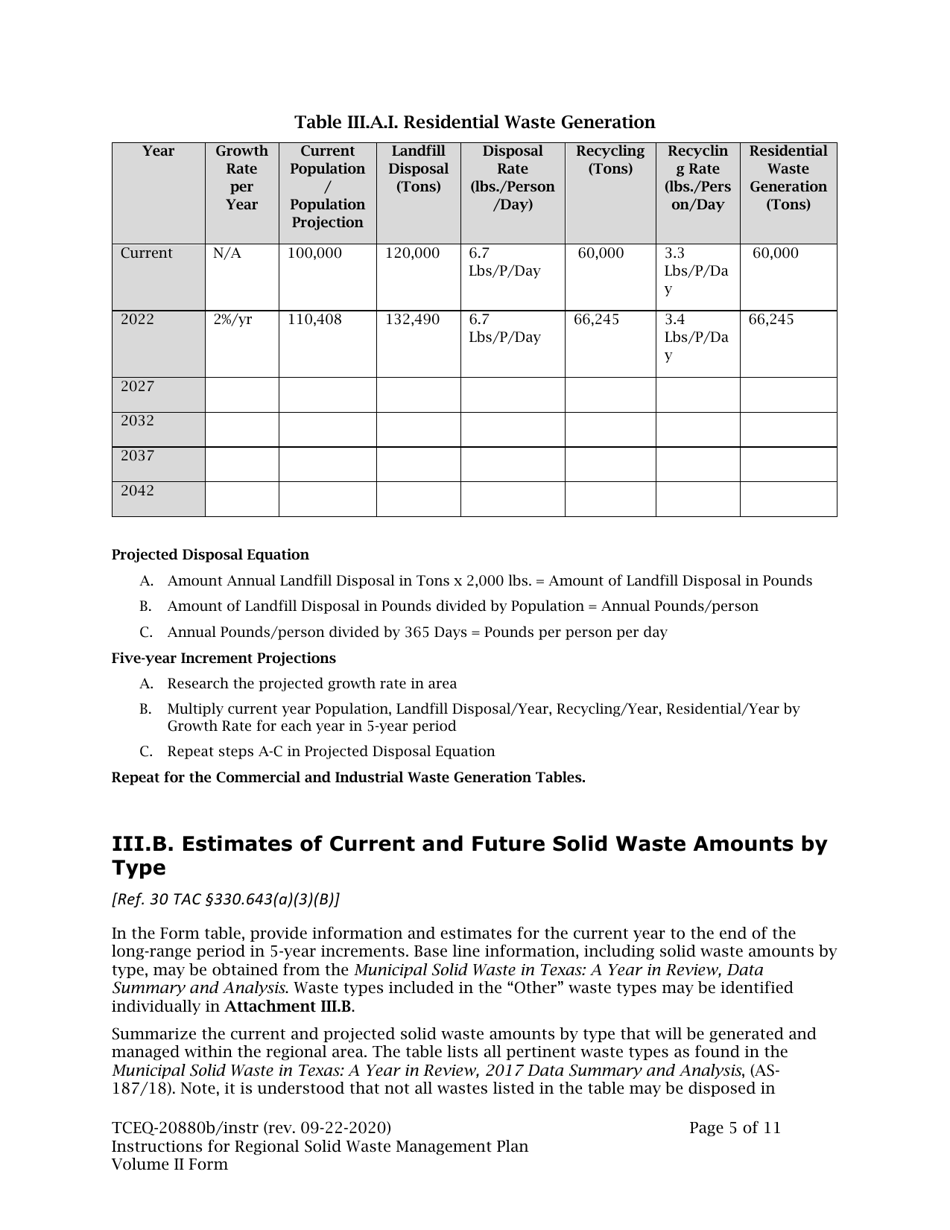 Instructions for Form TCEQ-20880B Regional Solid Waste Management Plan (Volume II) - Texas, Page 5