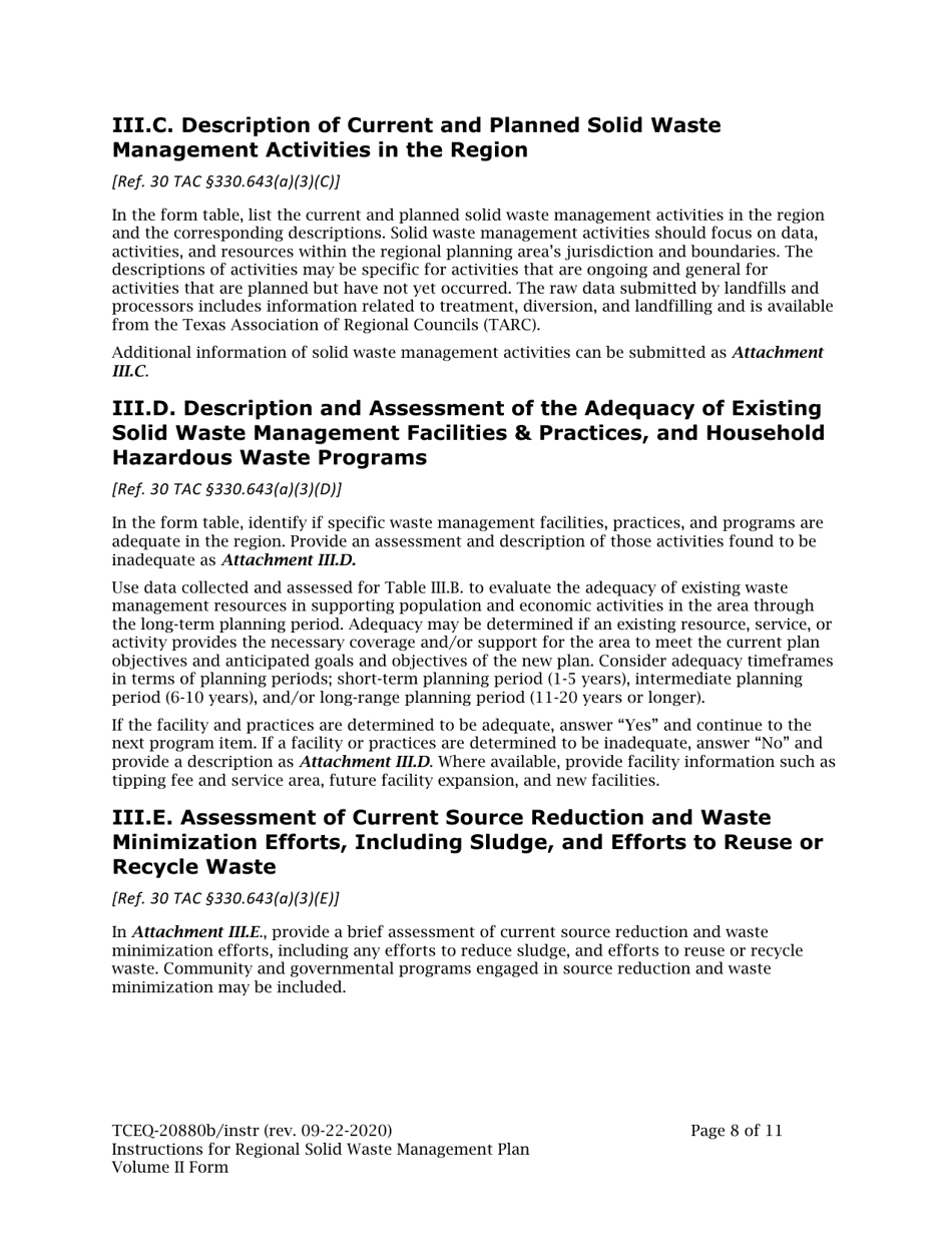 Instructions for Form TCEQ-20880B Regional Solid Waste Management Plan (Volume II) - Texas, Page 8