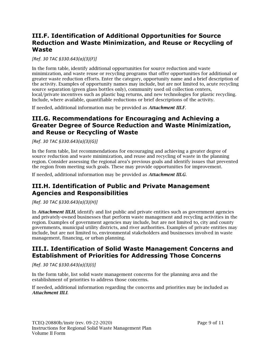 Instructions for Form TCEQ-20880B Regional Solid Waste Management Plan (Volume II) - Texas, Page 9