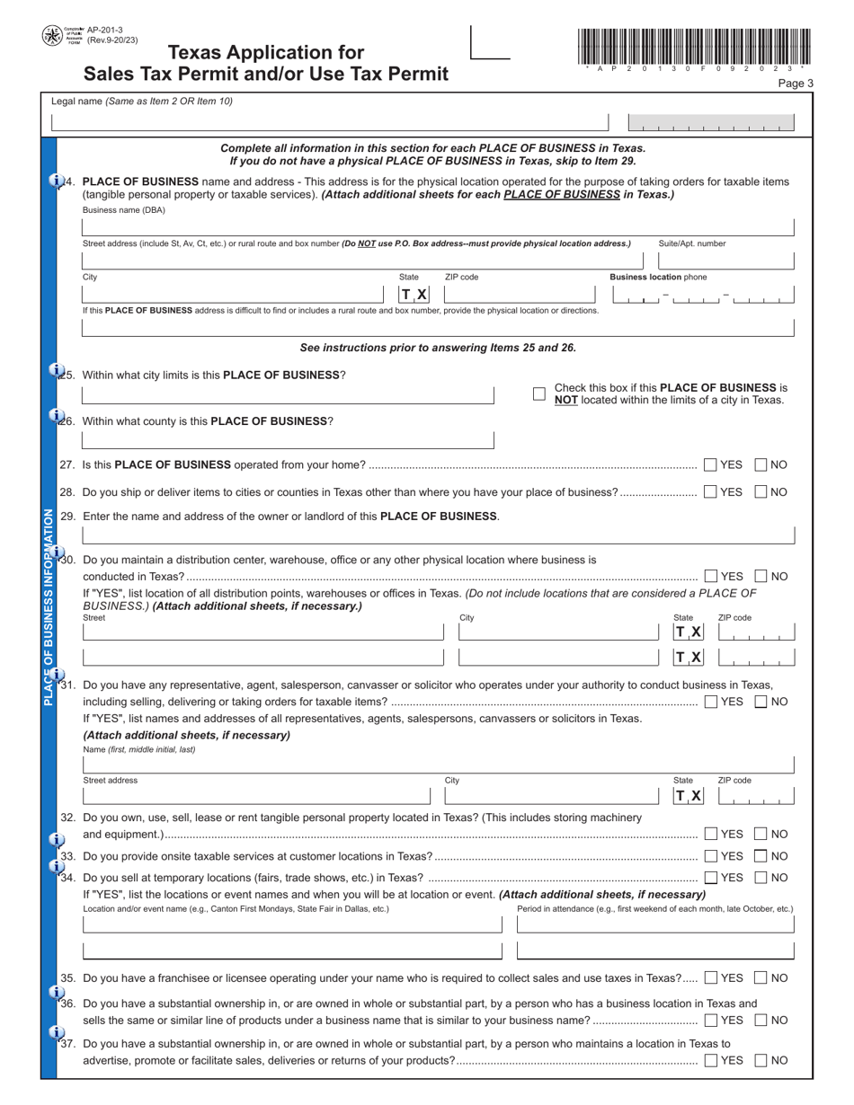Form AP-201 Texas Application for Texas Sales and Use Tax Permit - Texas, Page 3