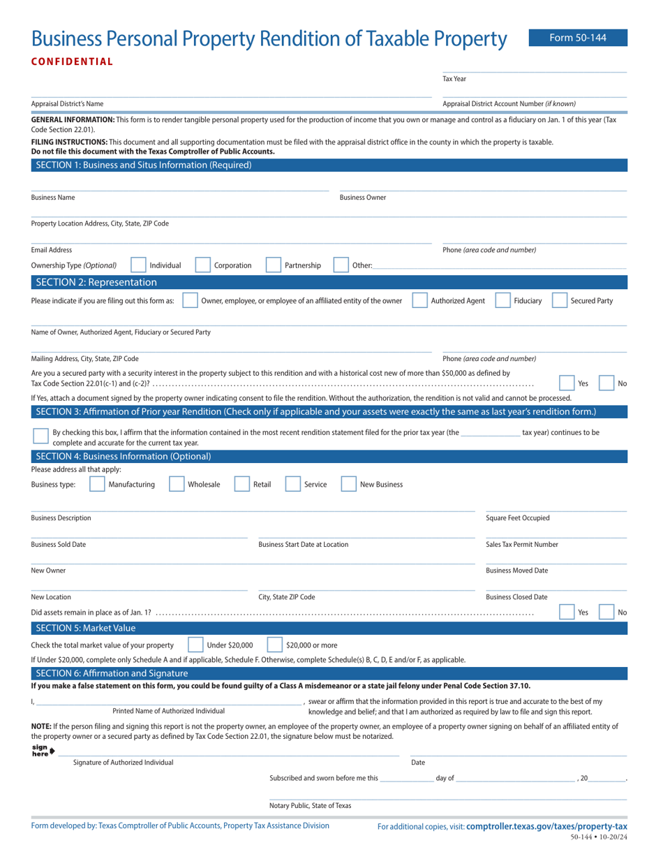 Form 50-144 Business Personal Property Rendition of Taxable Property - Texas, Page 1