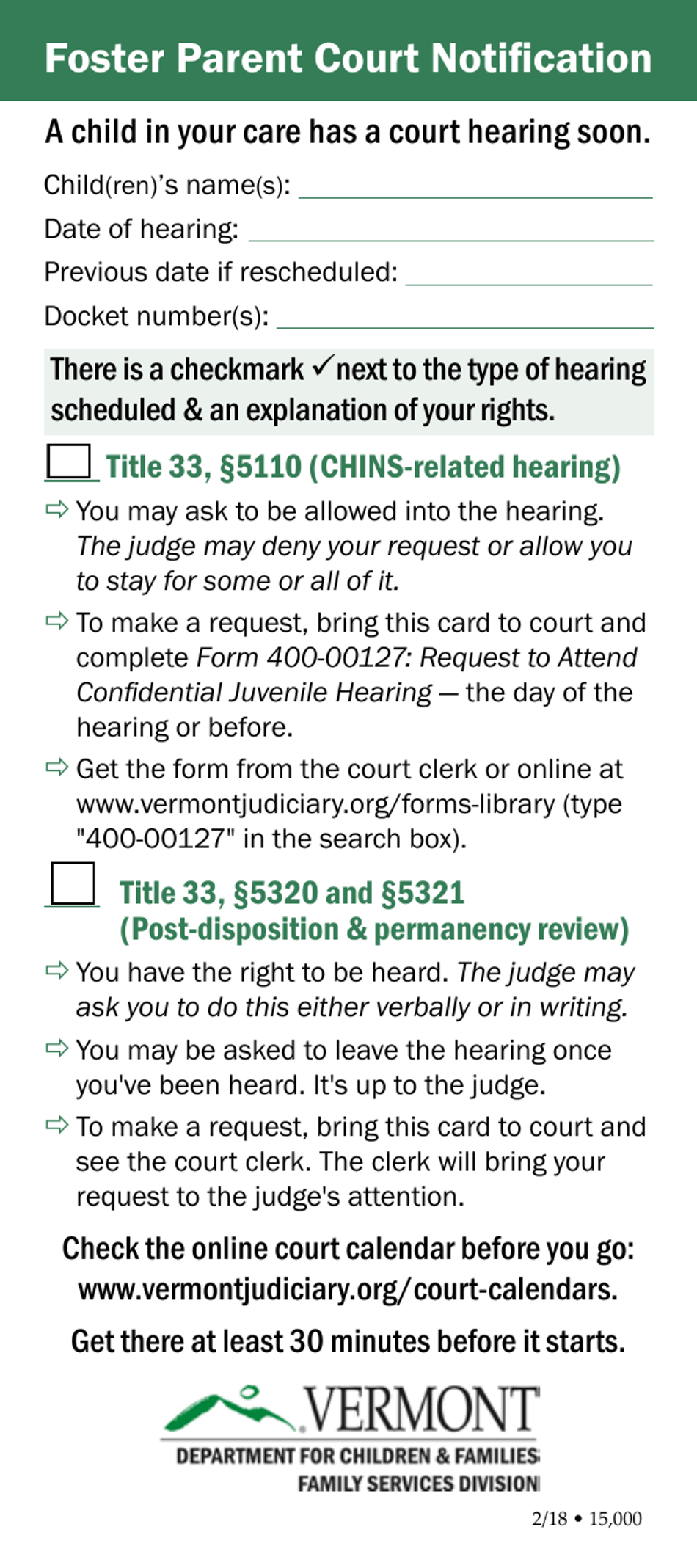 Foster Parent Court Notification - Vermont, Page 1