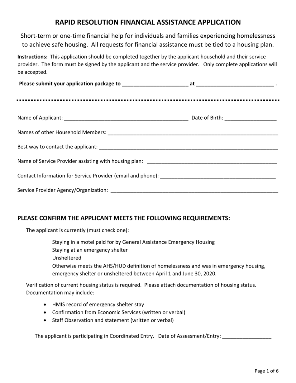 Rapid Resolution Financial Assistance Application - Vermont, Page 1