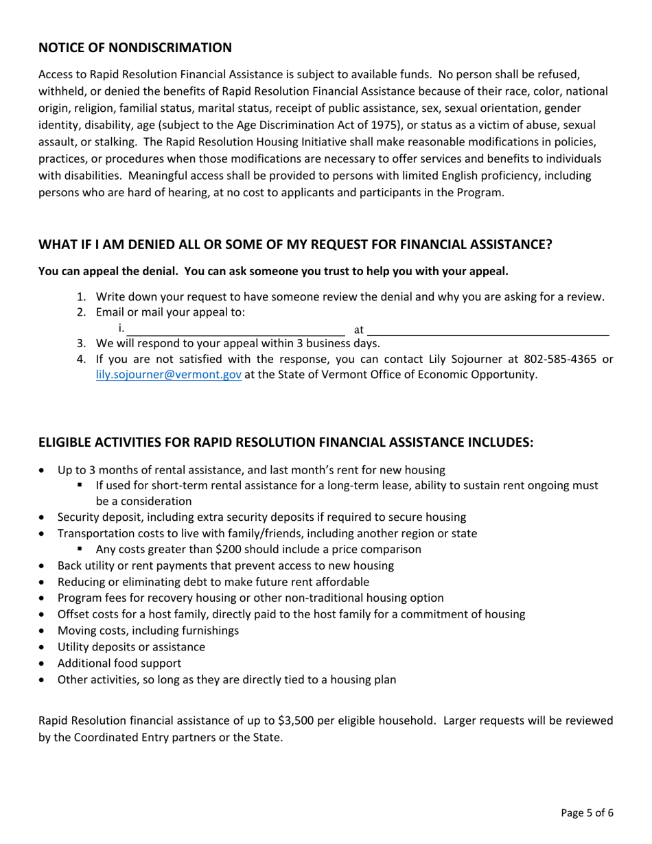 Rapid Resolution Financial Assistance Application - Vermont, Page 5