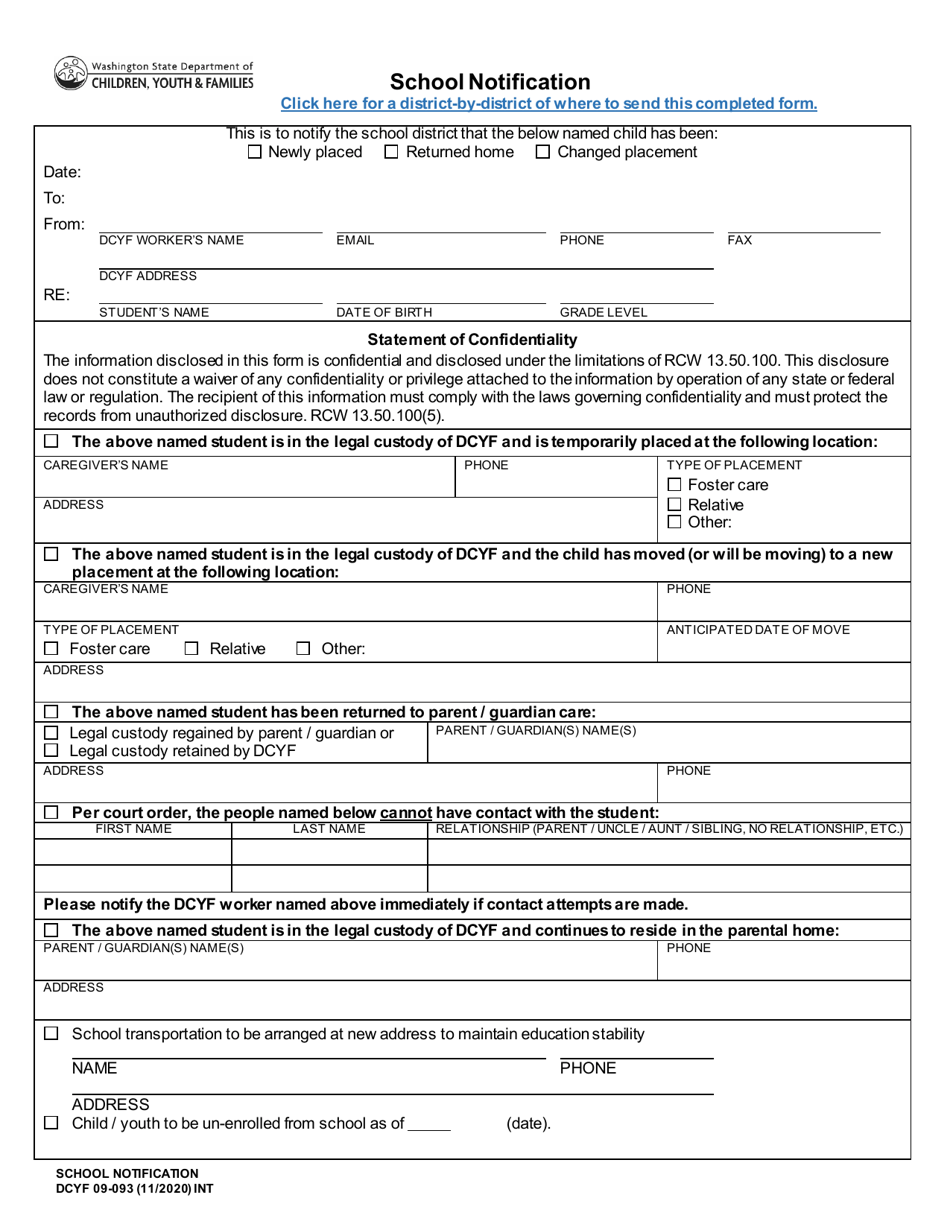 DCYF Form 09-093 School Notification - Washington, Page 1
