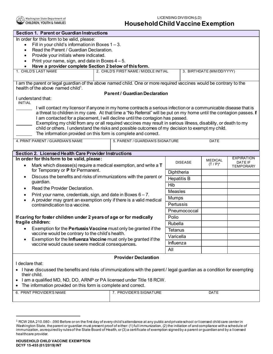 DCYF Form 15-455 Household Child Vaccine Exemption - Washington, Page 1