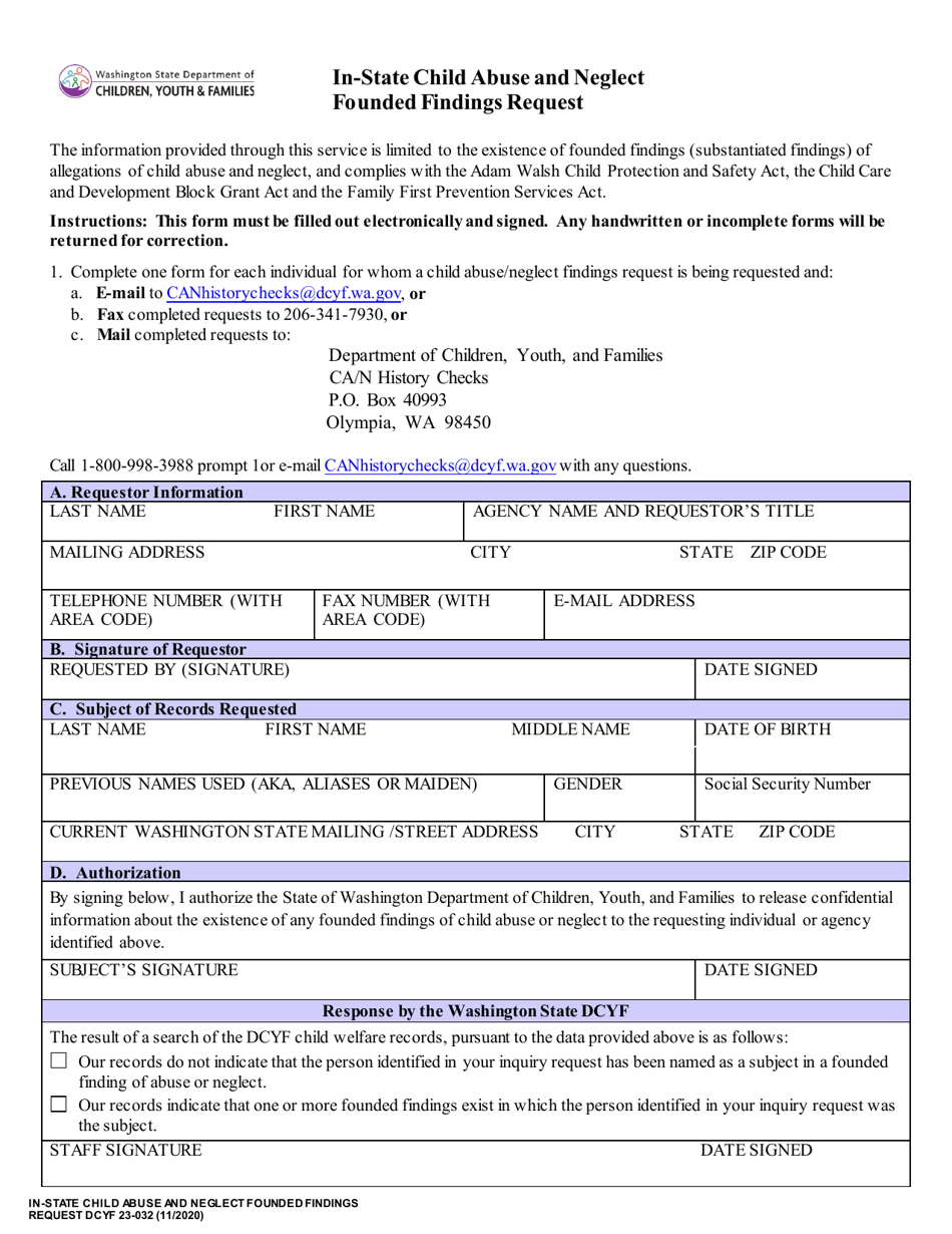 DCYF Form 23-032 In-state Child Abuse and Neglect Founded Findings Request - Washington, Page 1