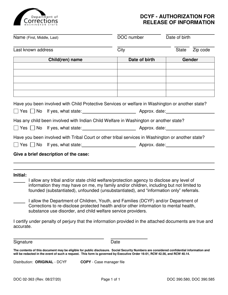 Form DOC02-363 Dcyf - Authorization for Release of Information - Washington, Page 1
